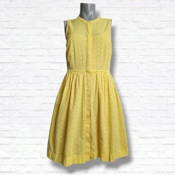 SOLD π J. Crew Yellow Eyelet Sleeveless Fit and Flair Shirtdress Size 4 - Picture 1 of 16